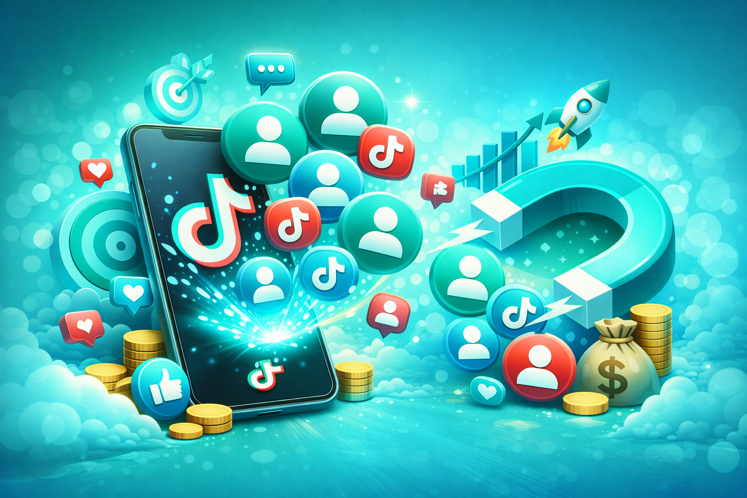 موقع زيادة متابعين تيك توك مع هاتف ذكي وأيقونات متابعين